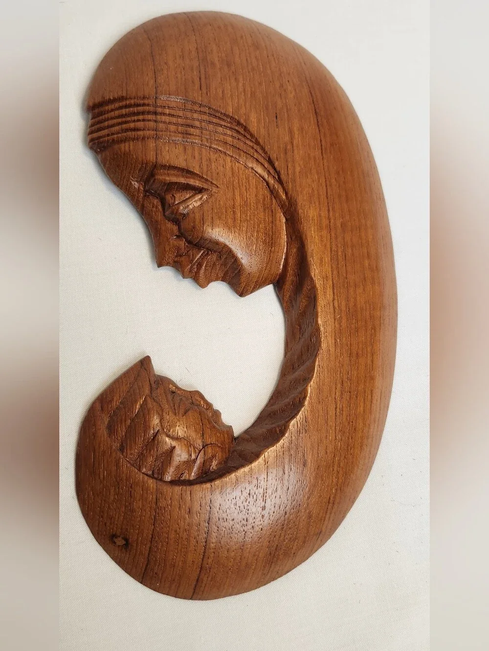 Hand-Carved Wooden Madonna and Child Wall Art - Brown